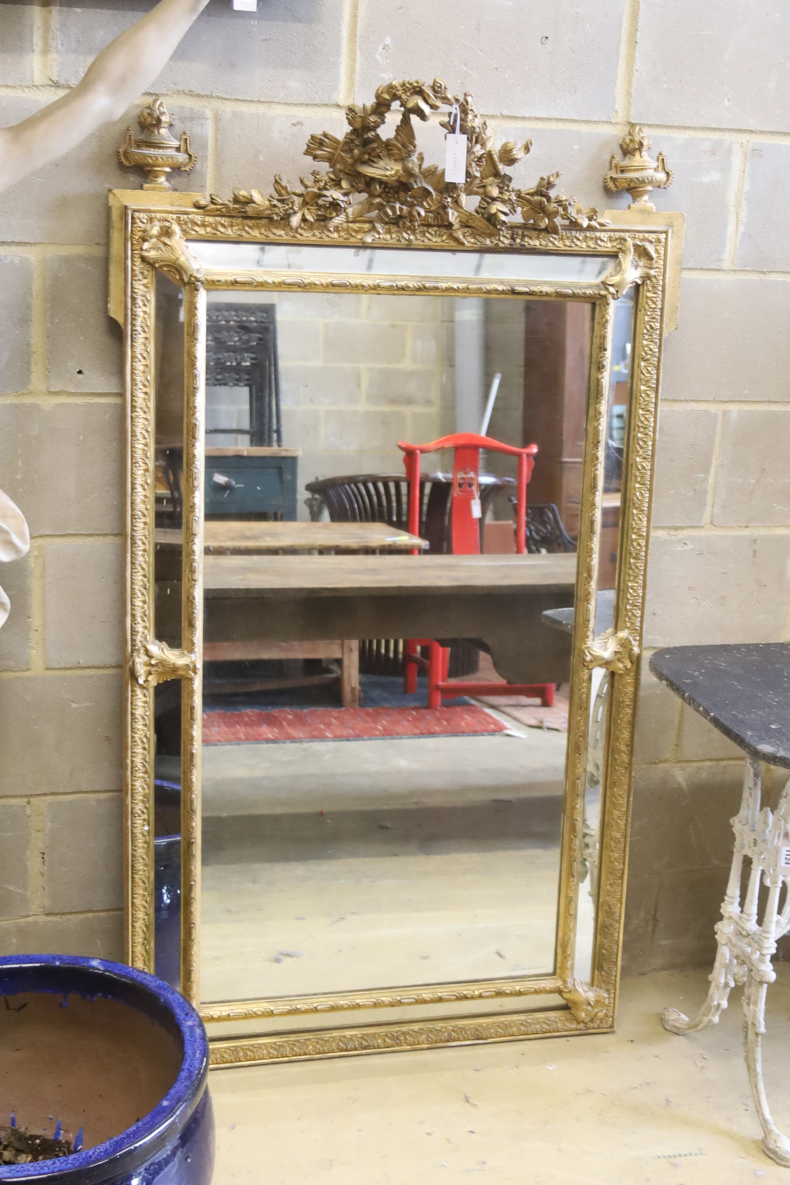 A 19th century French giltwood and gesso marginal plate wall mirror, width 94cm, height 165cm